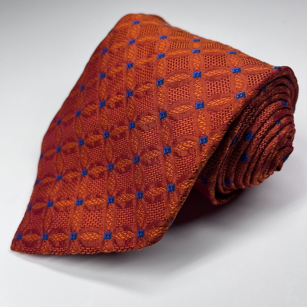 The‎ Player Silk Men's Necktie Orange Jacquard Geometric Blue Diamonds Italy